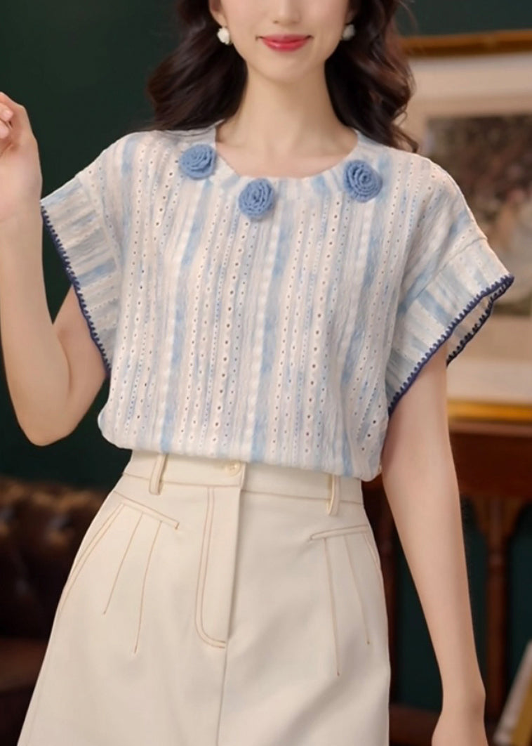 Art Hollow Summer Cotton Shirt Out Floral T Blue