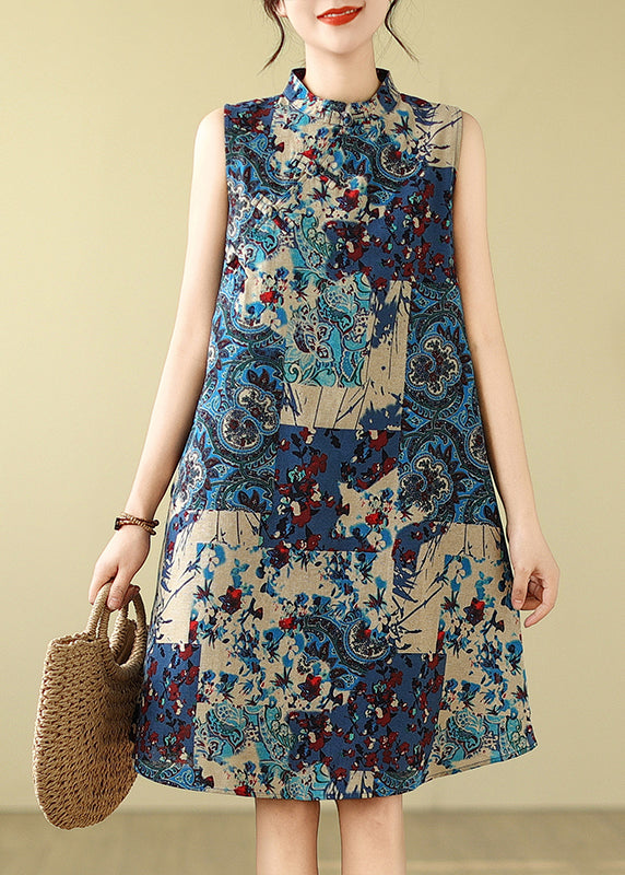 Blue Mandarin Print Collar Sleeveless Dress Art Cotton Mid