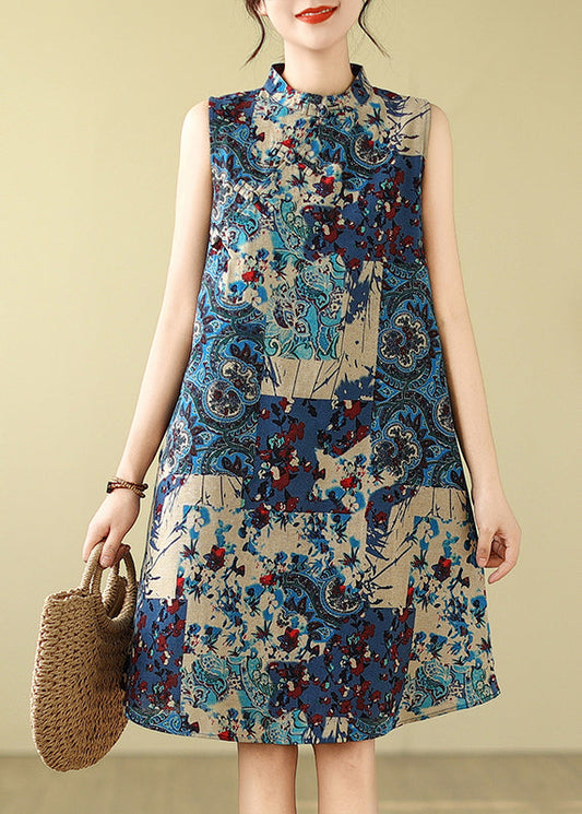 Collar Cotton Print Blue Art Sleeveless Dress Mandarin Mid