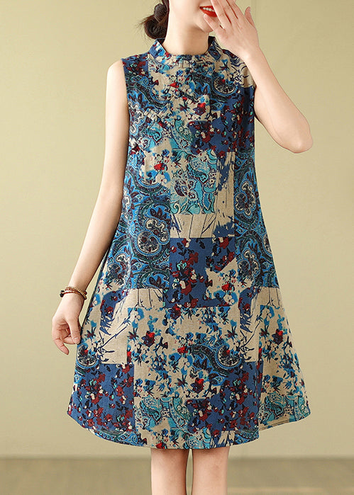Blue Mandarin Print Collar Sleeveless Dress Art Cotton Mid