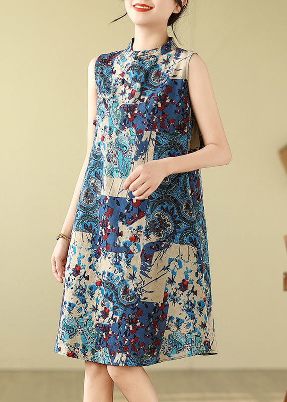 Blue Mandarin Print Collar Sleeveless Dress Art Cotton Mid