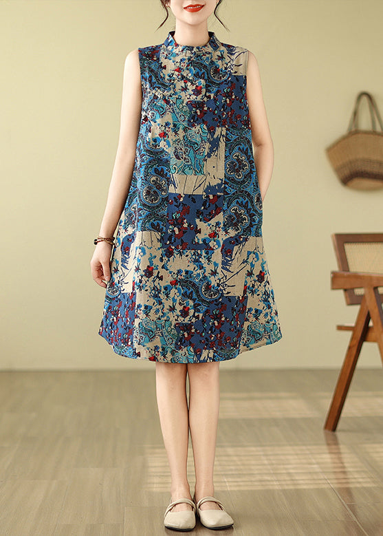 Collar Cotton Print Blue Art Sleeveless Dress Mandarin Mid