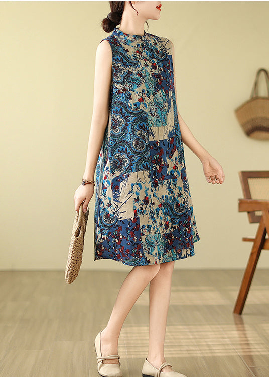 Blue Mandarin Print Collar Sleeveless Dress Art Cotton Mid