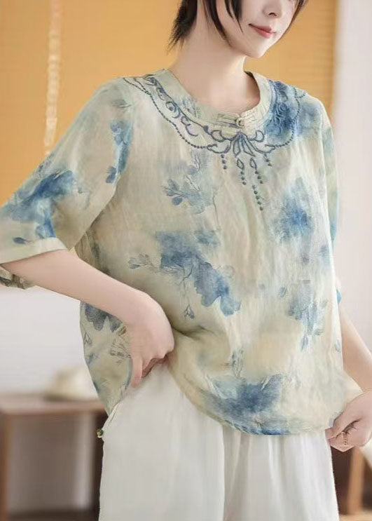 Print Mandarin Art Linen Collar Top Summer Blue