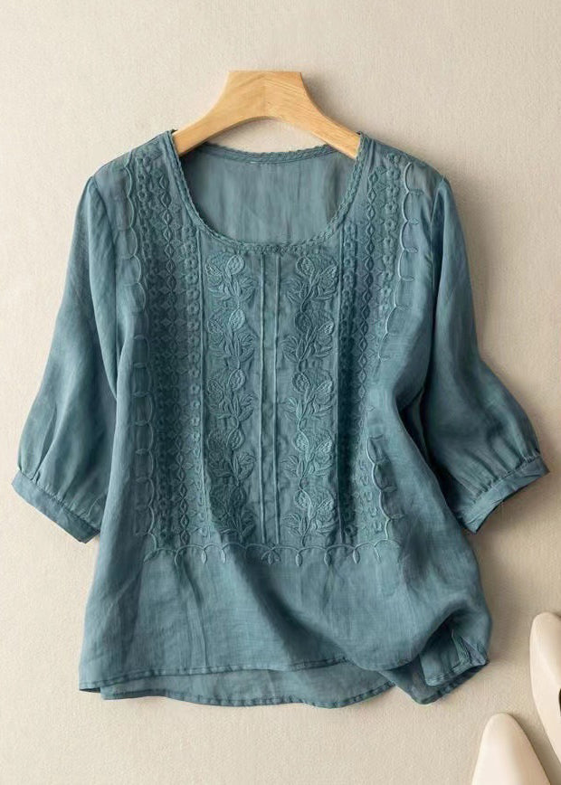 Art Blue O Neck Embroidered Linen T Shirts Half Sleeve YH007