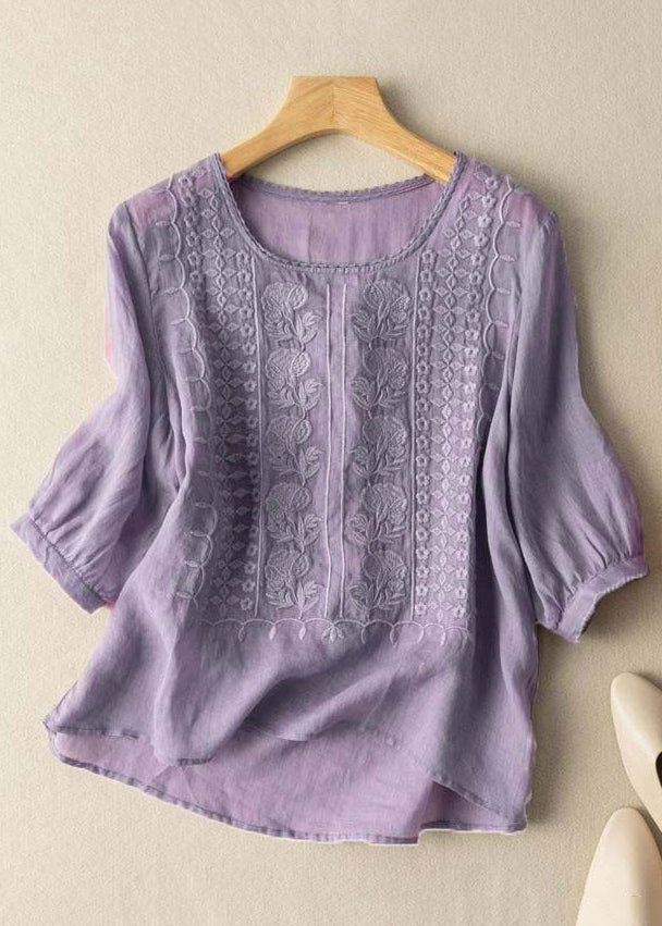 Art Blue O Neck Embroidered Linen T Shirts Half Sleeve YH007