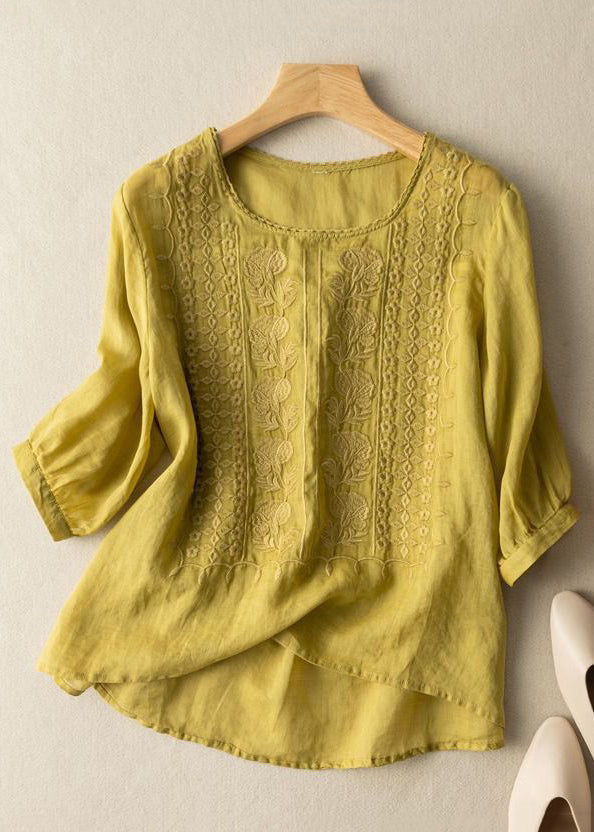 Art Blue O Neck Embroidered Linen T Shirts Half Sleeve YH007