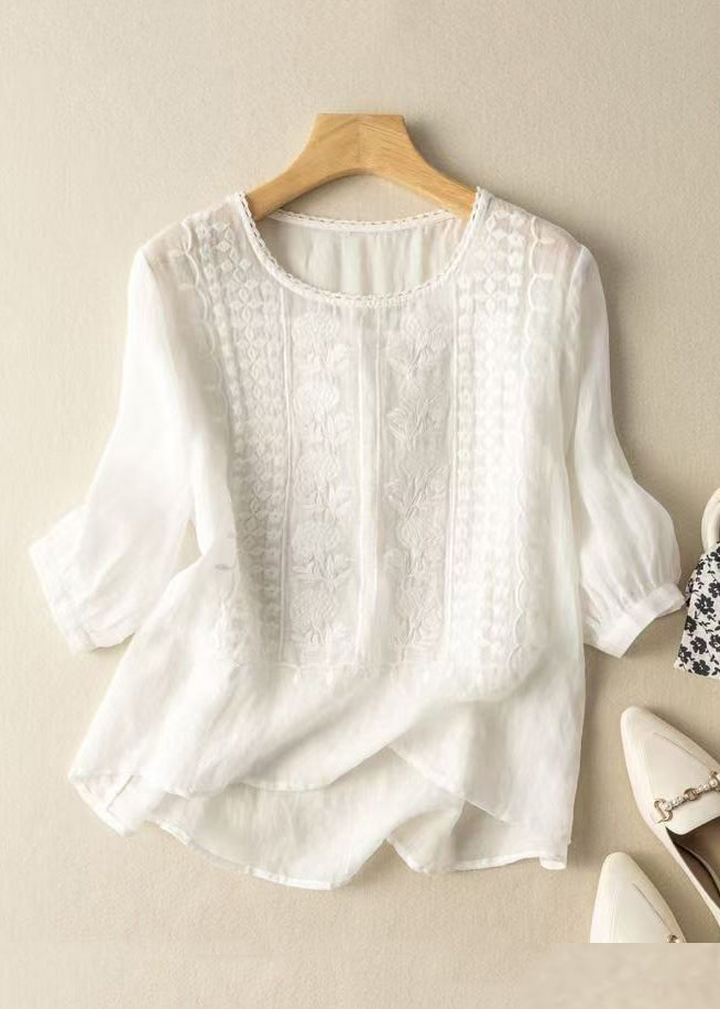 Art Blue O Neck Embroidered Linen T Shirts Half Sleeve YH007