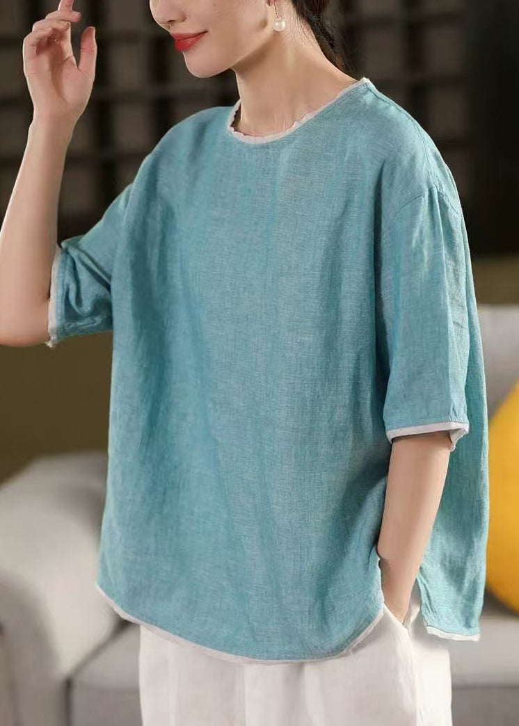 Half Blue Sleeve Tops O-Neck Art Patchwork Linen Tank