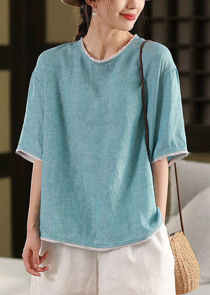 Half Blue Sleeve Tops O-Neck Art Patchwork Linen Tank