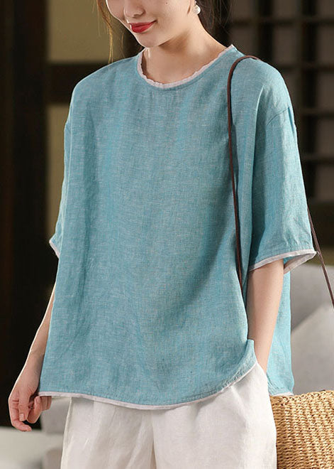 Half Blue Sleeve Tops O-Neck Art Patchwork Linen Tank