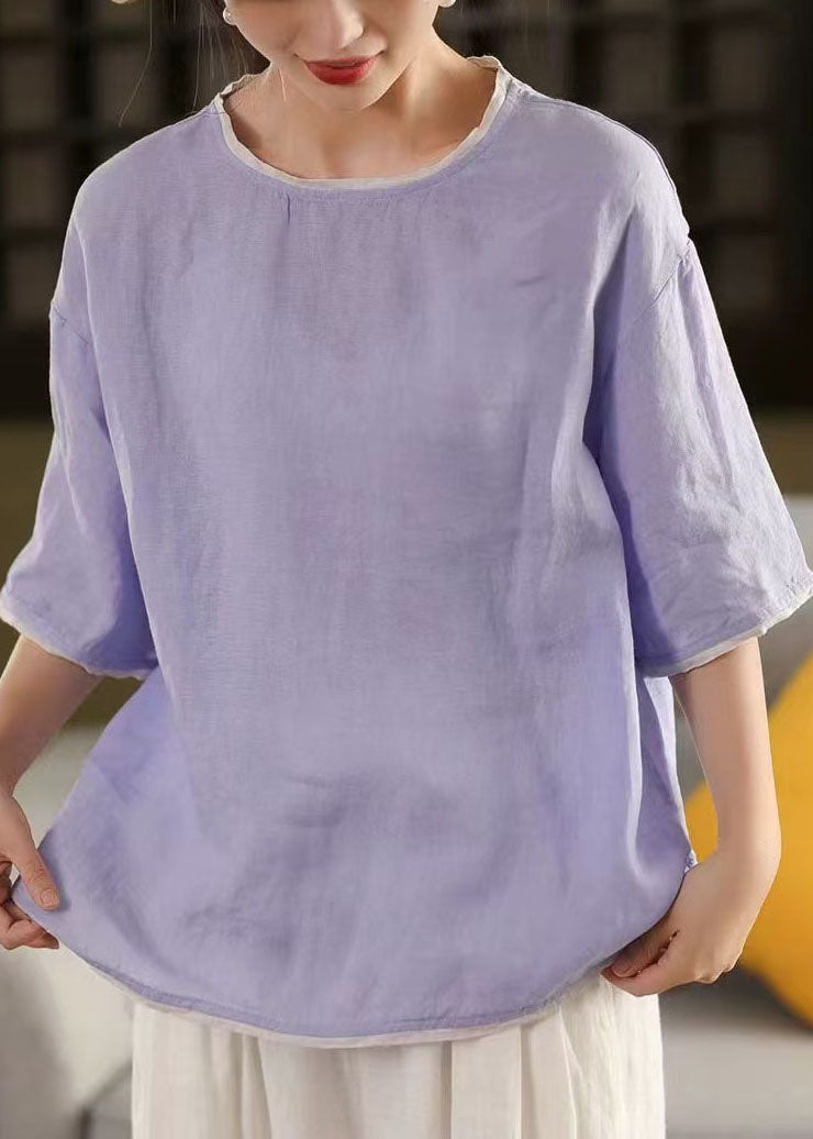 Half Blue Sleeve Tops O-Neck Art Patchwork Linen Tank