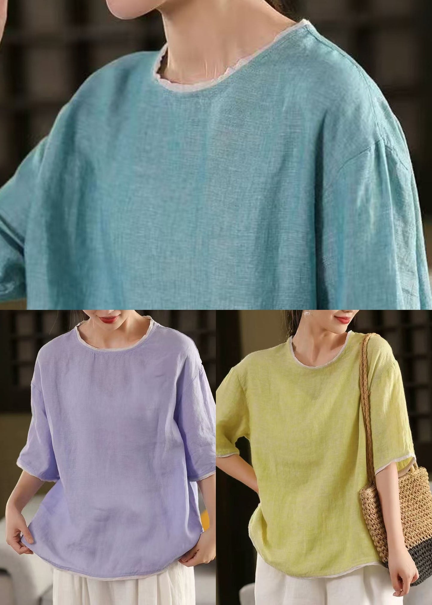 Half Blue Sleeve Tops O-Neck Art Patchwork Linen Tank