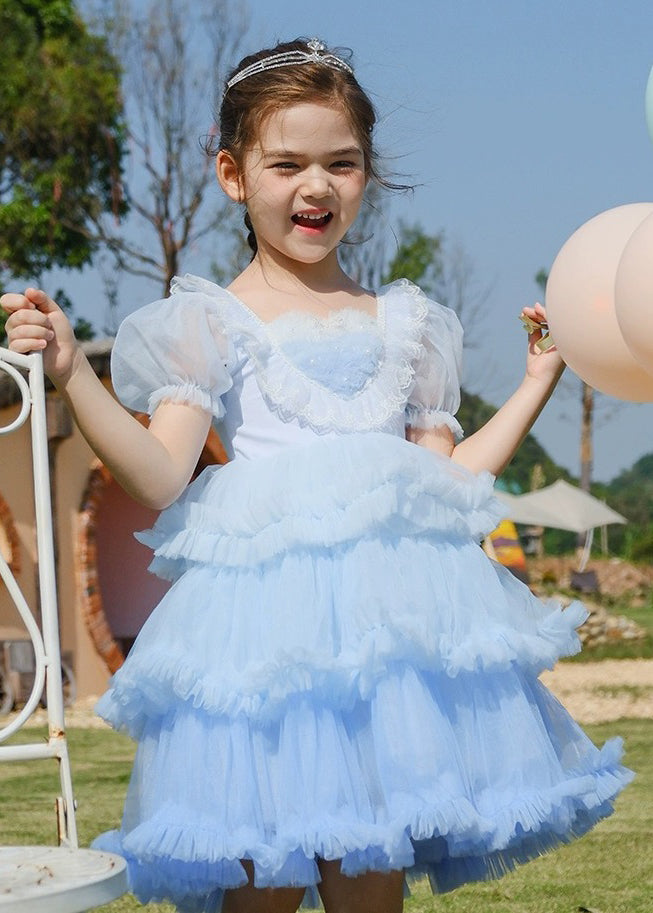 Art Blue O-Neck Ruffled Tulle Kids Girls Maxi Dresses Short Sleeve EW026