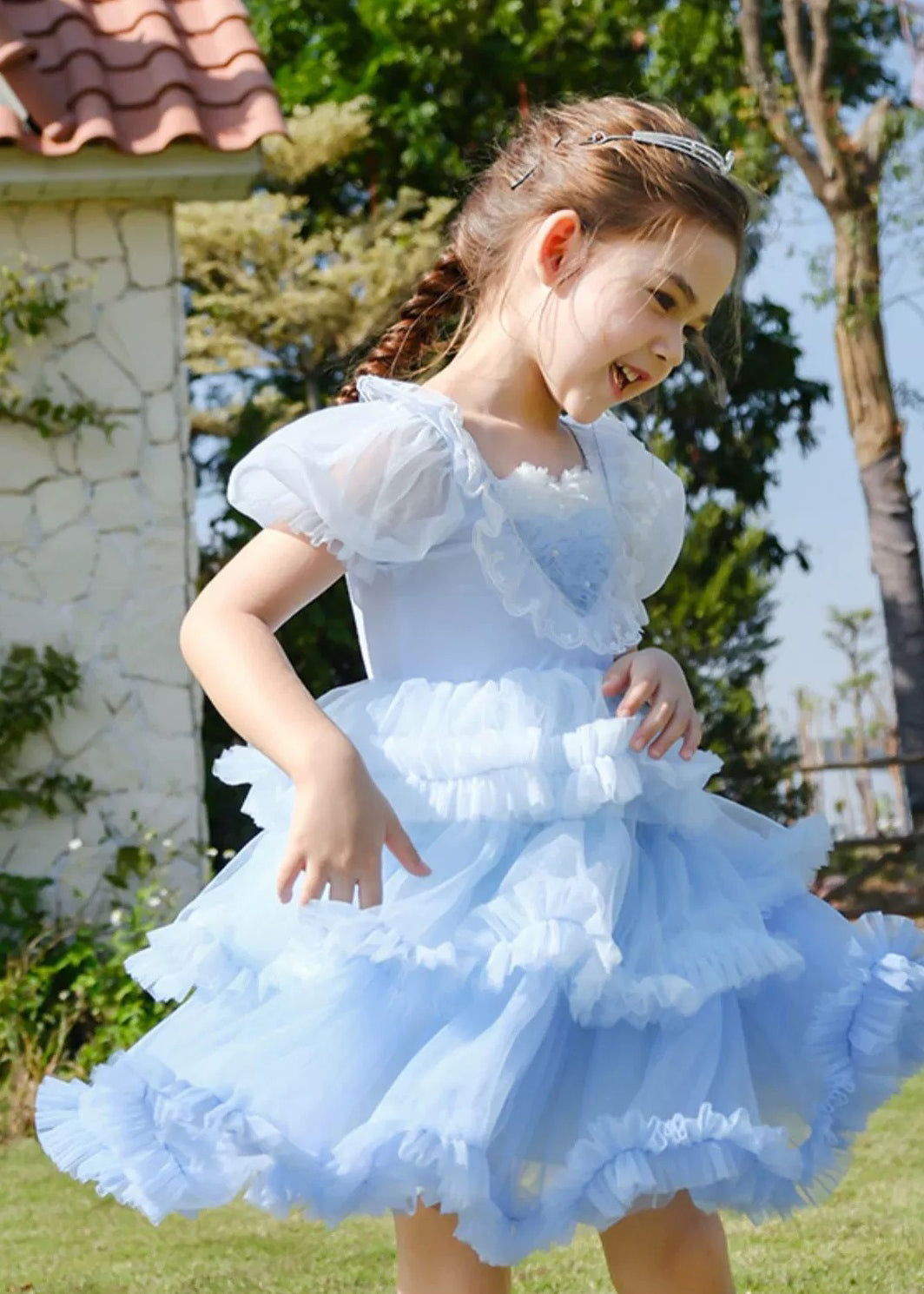 Art Blue O-Neck Ruffled Tulle Kids Girls Maxi Dresses Short Sleeve EW026