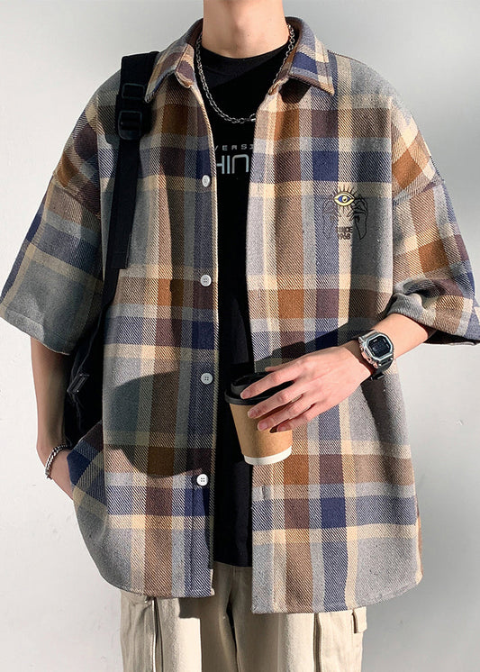 Letter Shirts Collar Blue Cotton Mens Peter Half Art Pan Plaid