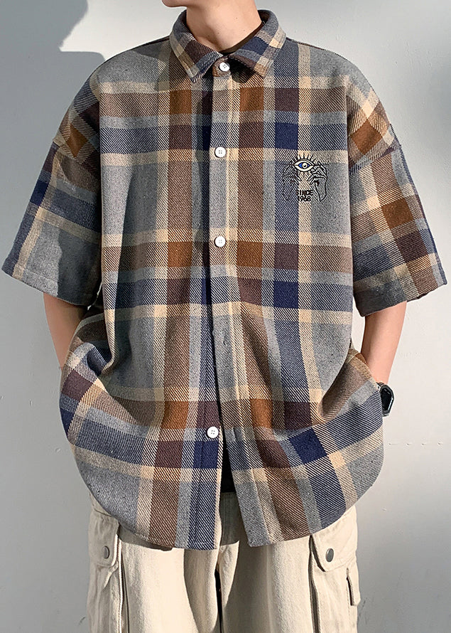 Letter Shirts Collar Blue Cotton Mens Peter Half Art Pan Plaid