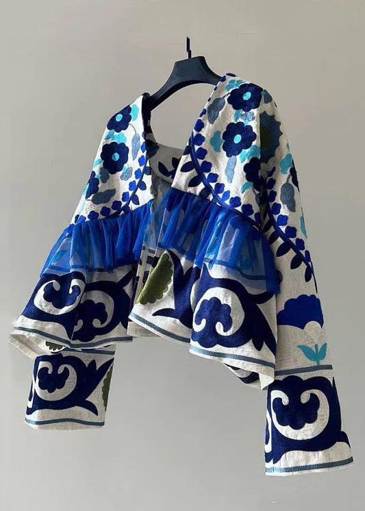 Cardigan Patchwork Blue Cotton Wrinkled Art Print Fall