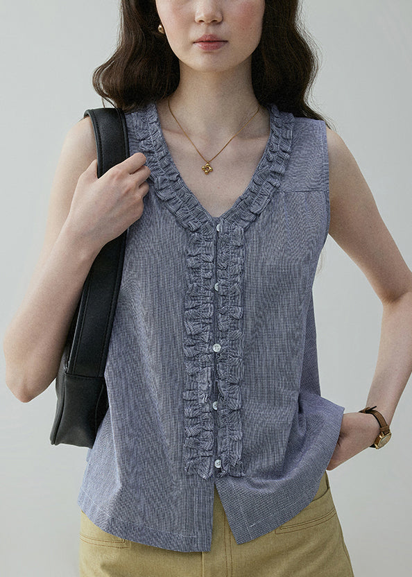 Button Wear On Art Blue Blouses Sides Cotton Ruffled Both