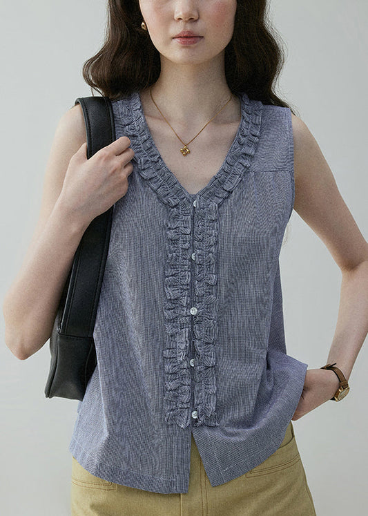 Button Wear On Art Blue Blouses Sides Cotton Ruffled Both