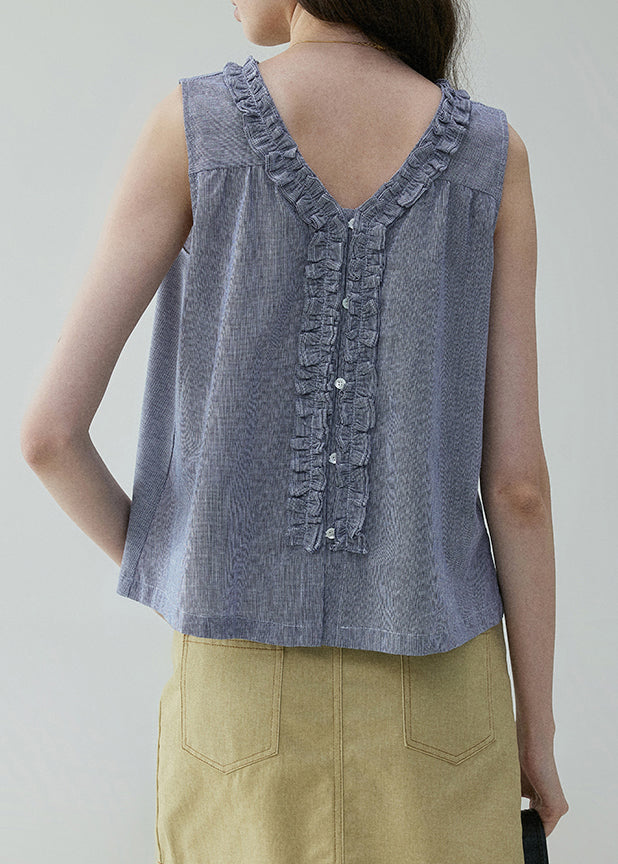 Button Wear On Art Blue Blouses Sides Cotton Ruffled Both