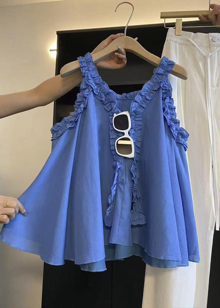 Ruffled Solid Sleeveless Art Cotton Blue Blouse Top