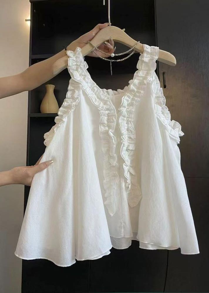 Ruffled Solid Sleeveless Art Cotton Blue Blouse Top