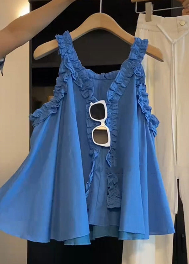 Ruffled Solid Sleeveless Art Cotton Blue Blouse Top