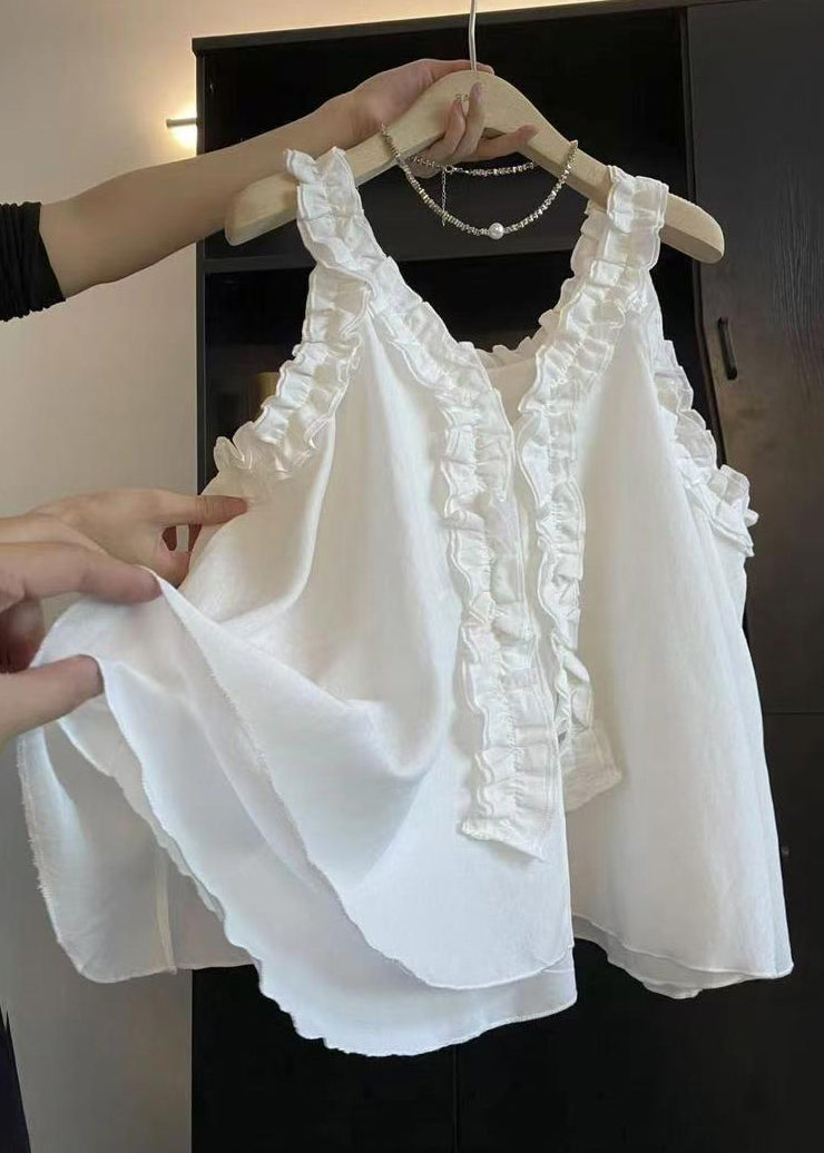 Ruffled Solid Sleeveless Art Cotton Blue Blouse Top