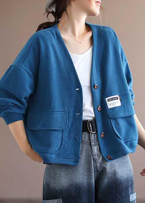 Art Blue V Neck Pockets Button Fall Long sleeve Coat QS048