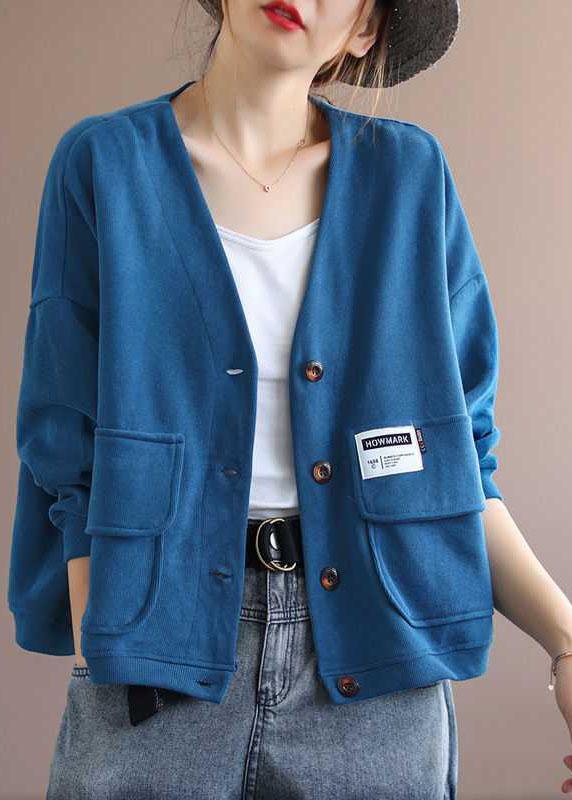 Art Blue V Neck Pockets Button Fall Long sleeve Coat QS048