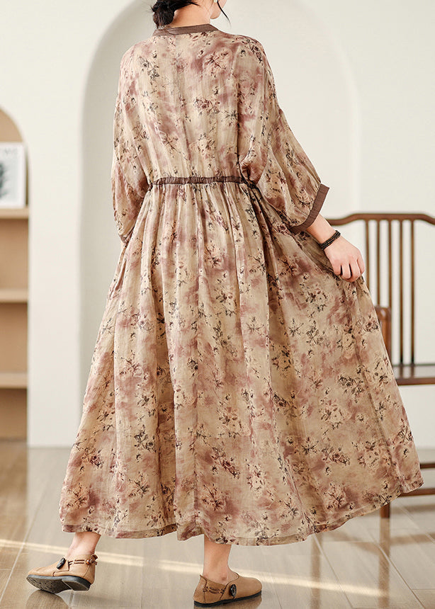 Bracelet Print Linen Art Dresses Brown Sleeve Maxi Cinched