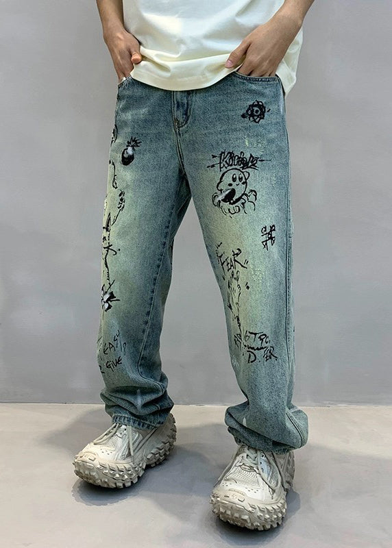 Art Denim Blue High Wais Print Mens Pants SA067