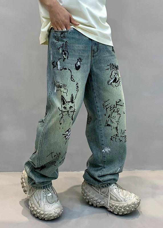 Art Denim Blue High Wais Print Mens Pants SA067