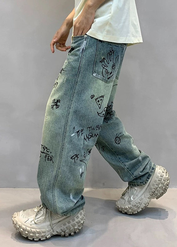 Art Denim Blue High Wais Print Mens Pants SA067