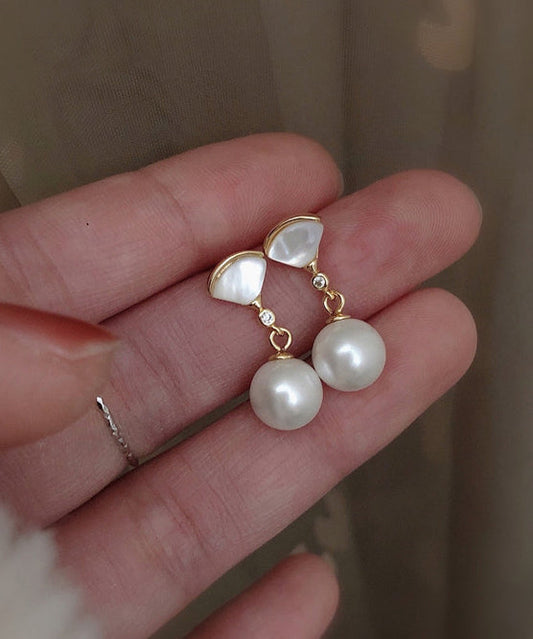 Art Gold Sterling Silver Overgild Fan Shaped Shell Pearl Drop Earrings PO067