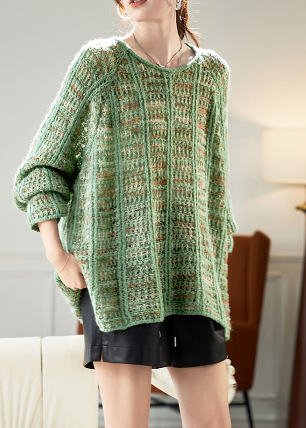Knit Sweaters Art Hollow Batwing Cotton Green Sleeve Out Cozy