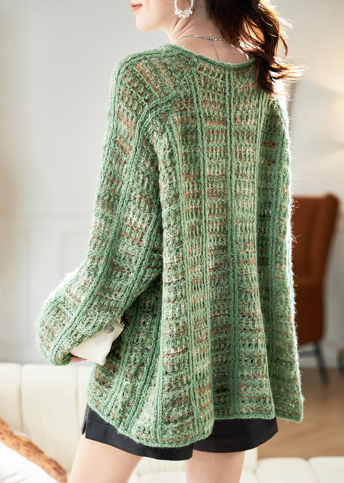 Knit Sweaters Art Hollow Batwing Cotton Green Sleeve Out Cozy