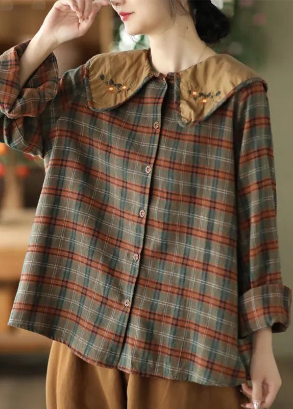 Green Art Embroidered Spring Plaid Blouses Cotton