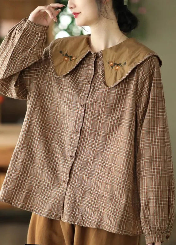 Green Art Embroidered Spring Plaid Blouses Cotton