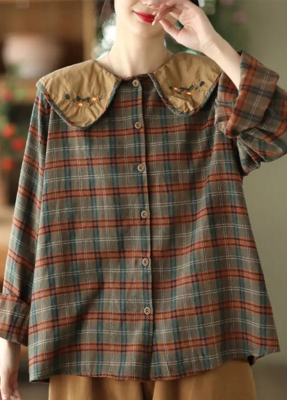 Art Cotton Embroidered Green Blouses Plaid Spring