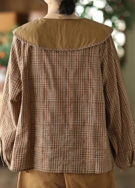 Green Art Embroidered Spring Plaid Blouses Cotton