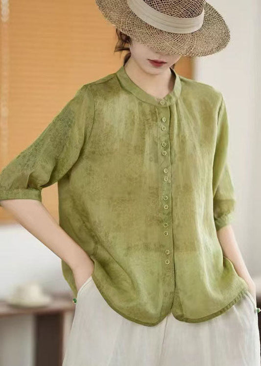 Shirt Breasted Art Linen Green Sleeve Half Print Single