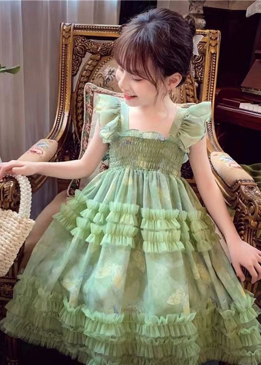 Art Green Square Collar Print Wrinkled Tulle Girls Long Dress Sleeveless EW023