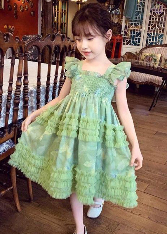 Art Green Square Collar Print Wrinkled Tulle Girls Long Dress Sleeveless EW023