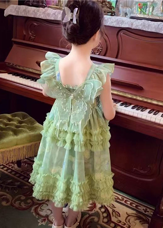 Art Green Square Collar Print Wrinkled Tulle Girls Long Dress Sleeveless EW023