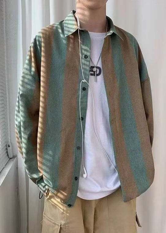 Green Collar Pan Shirts Button Cotton Peter Striped Art Men