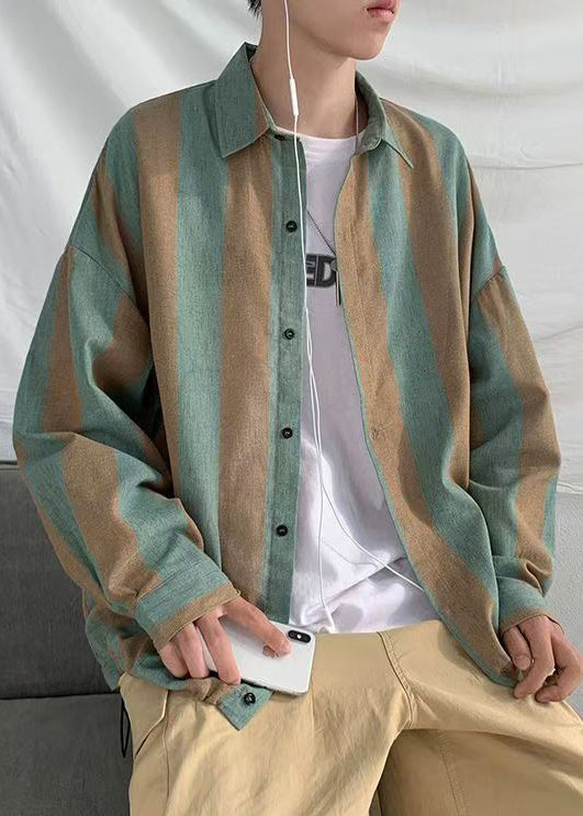 Green Collar Pan Shirts Button Cotton Peter Striped Art Men