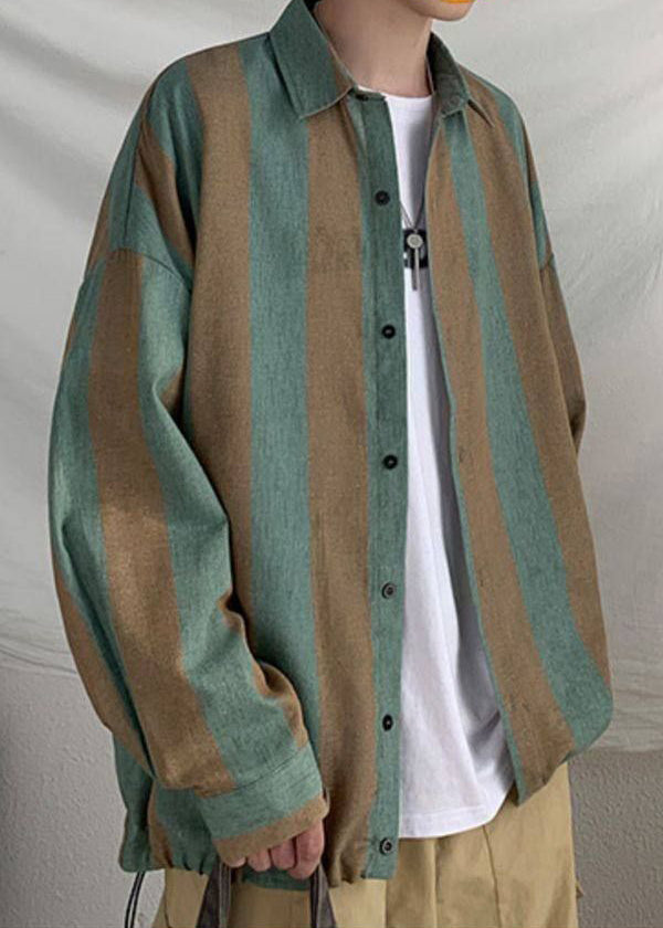 Green Collar Pan Shirts Button Cotton Peter Striped Art Men