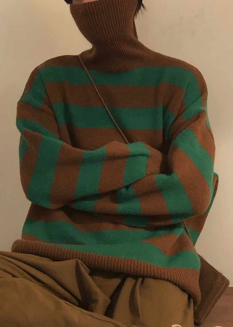 Art Green Striped Turtleneck Knit Men Sweaters Winter RJ051